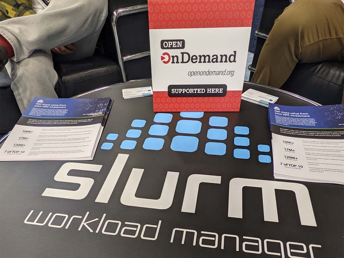 Slurm booth at SC22 with Open OnDemand placard